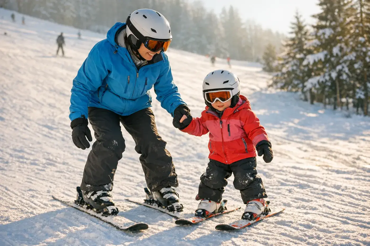 Ein Elternteil bringt einem Kind im Anfängerhang das Skifahren bei