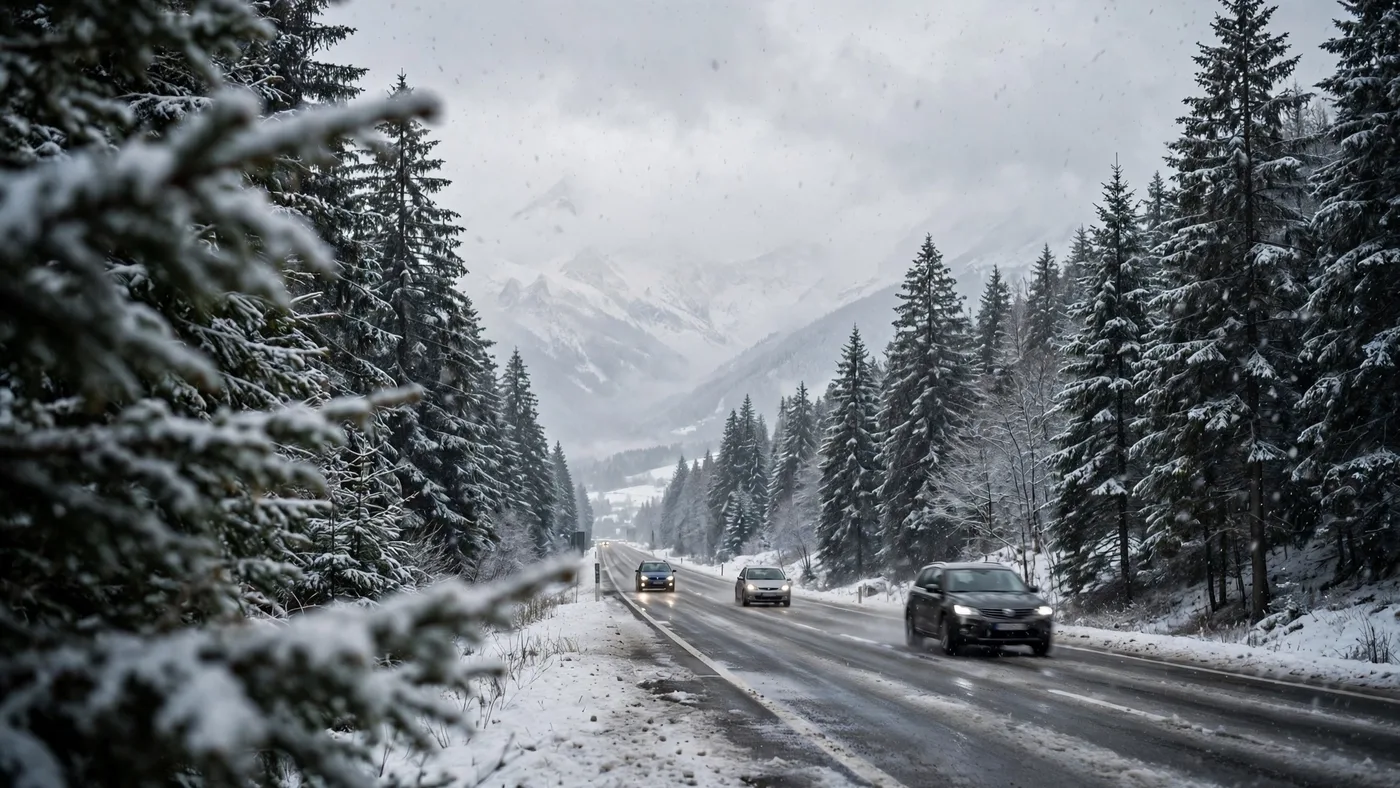 Autos mit eingeschaltetem Licht bei Schneefall auf dem Weg in die Alpen