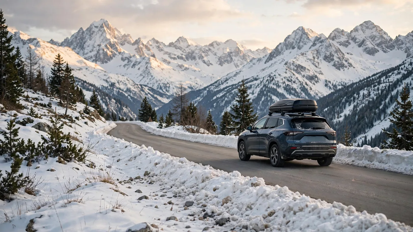 Auto mit Dachbox auf einer Bergstraße mit schneebedeckten Alpengipfeln im Hintergrund