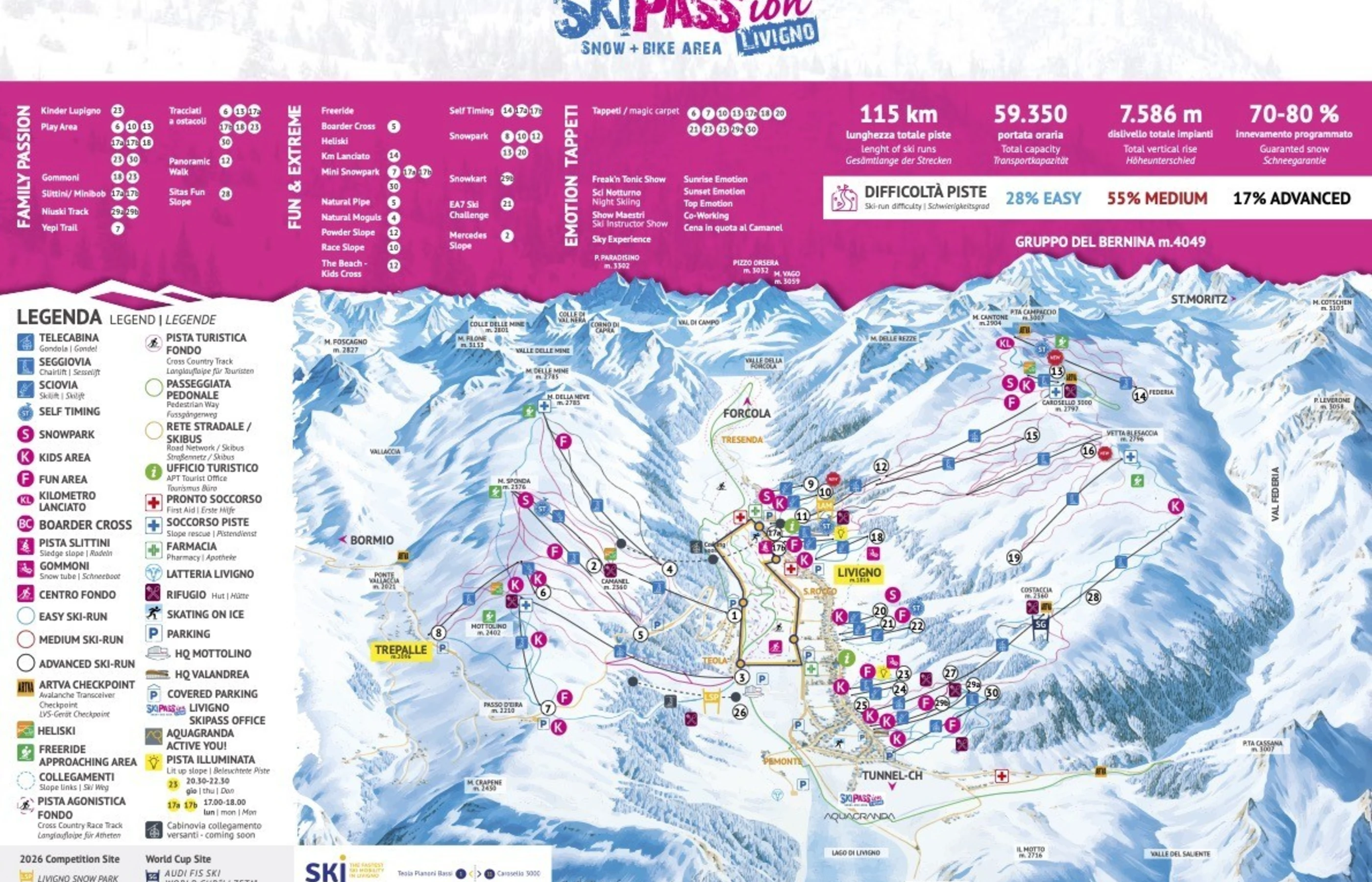 Pistenplan von Livigno, Pisten, Lifte und Abfahrten