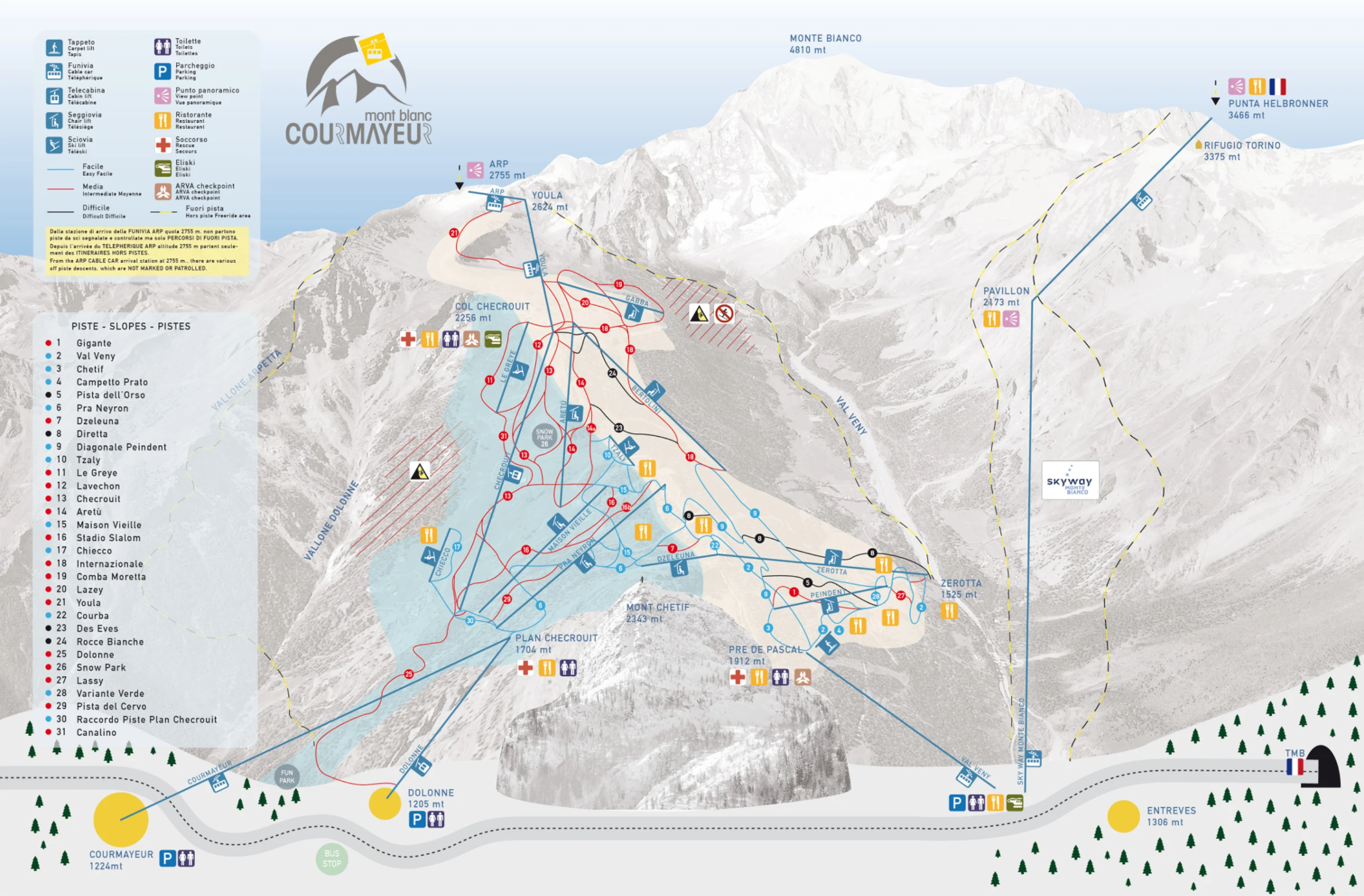 Pistenplan von Courmayeur, Pisten, Lifte und Abfahrten