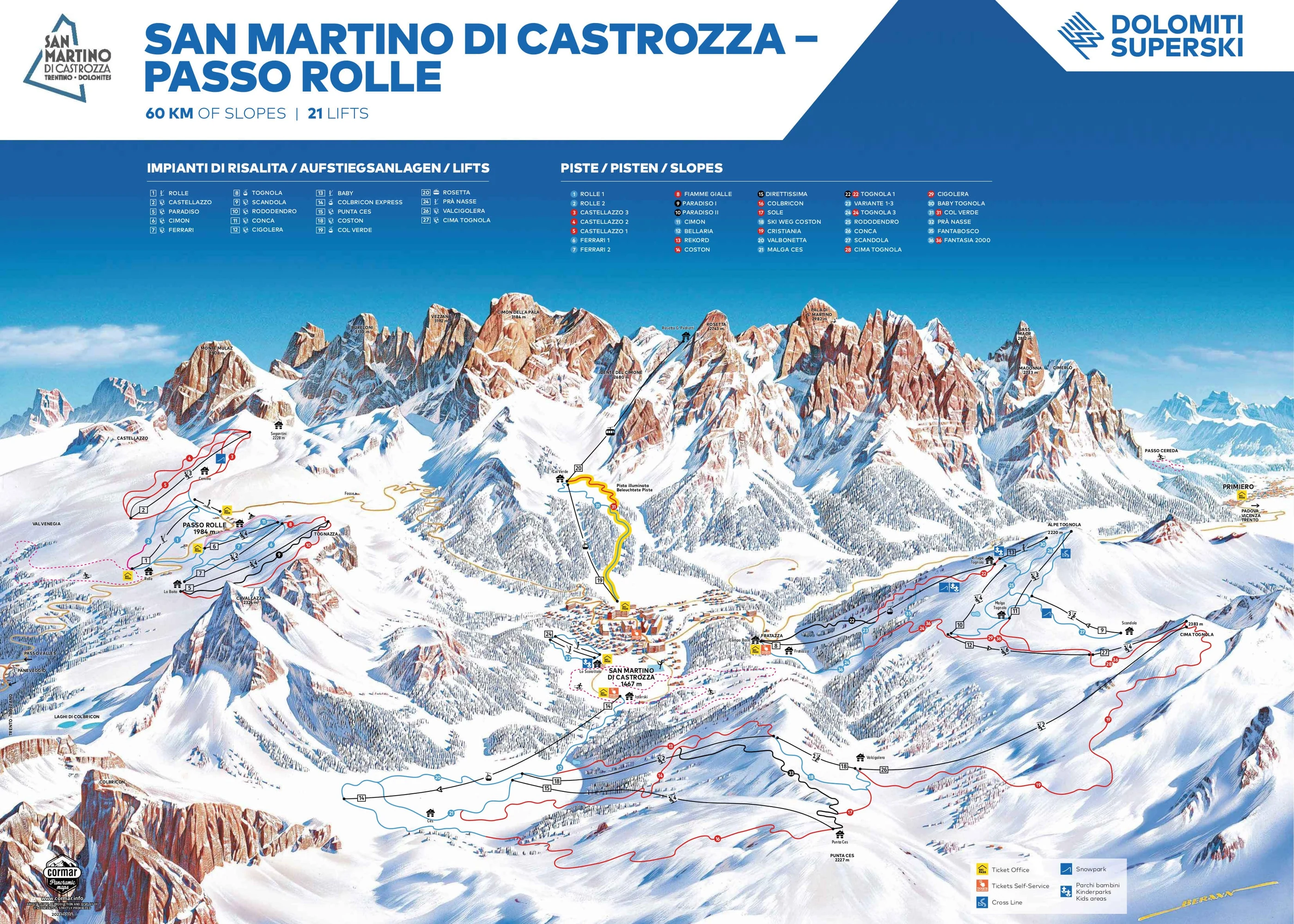 Pistenplan von San Martino di Castrozza, Pisten, Lifte und Abfahrten