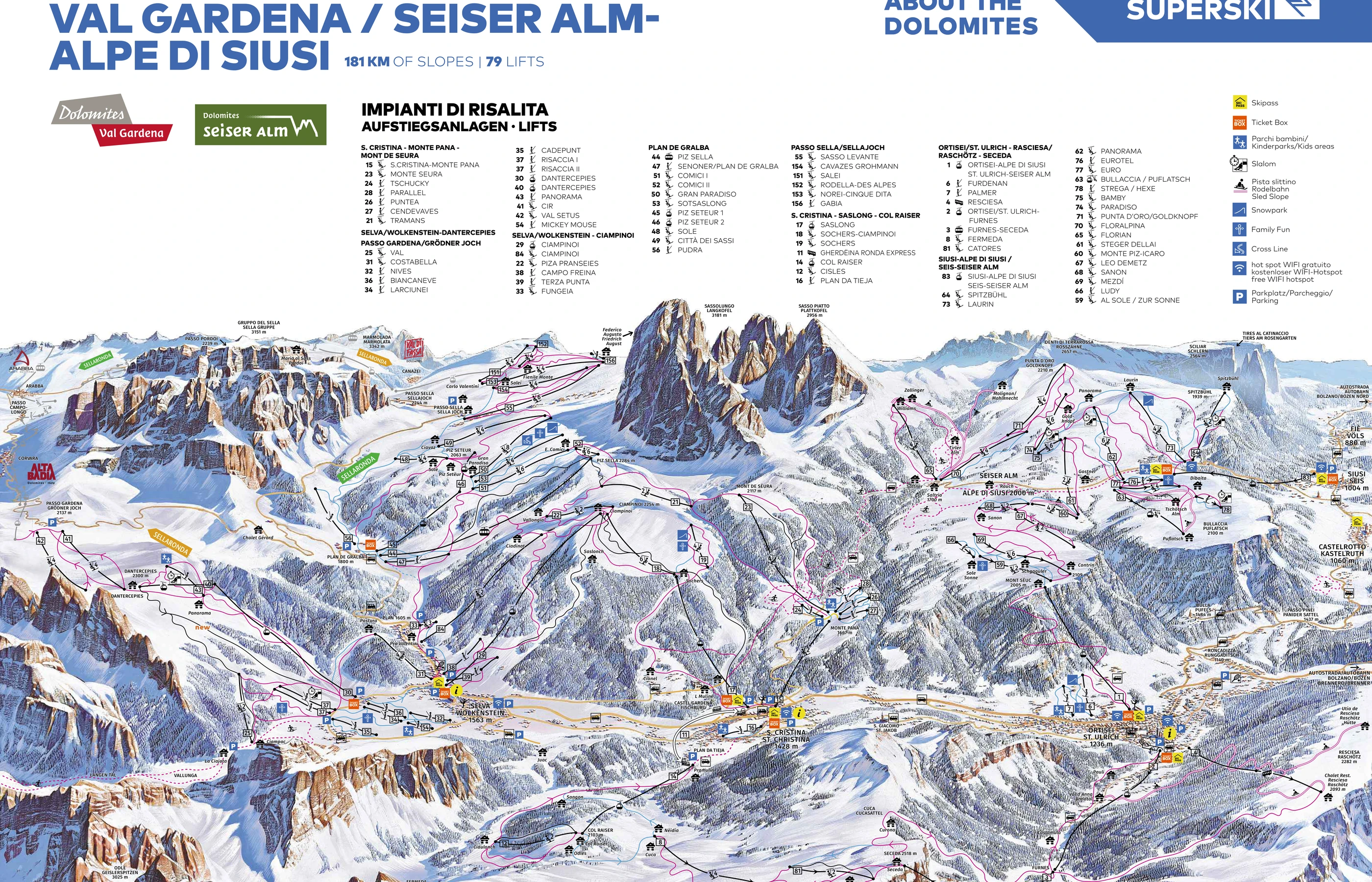 Pistenplan von Selva Val Gardena, Pisten, Lifte und Abfahrten