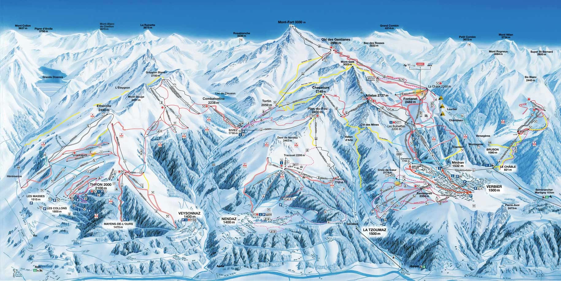 Pistenplan von Verbier, Pisten, Lifte und Abfahrten