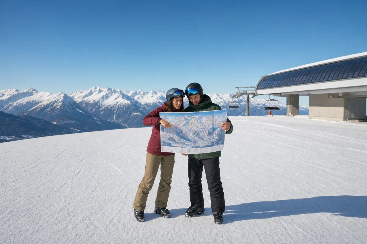 Zwei Skifahrer lesen einen Pistenplan in der Sonne neben einer Liftstation in den Alpen
