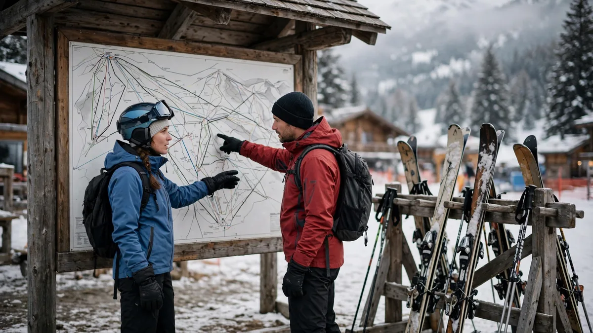 Zwei Skifahrer studieren den Pistenplan an der Talstation